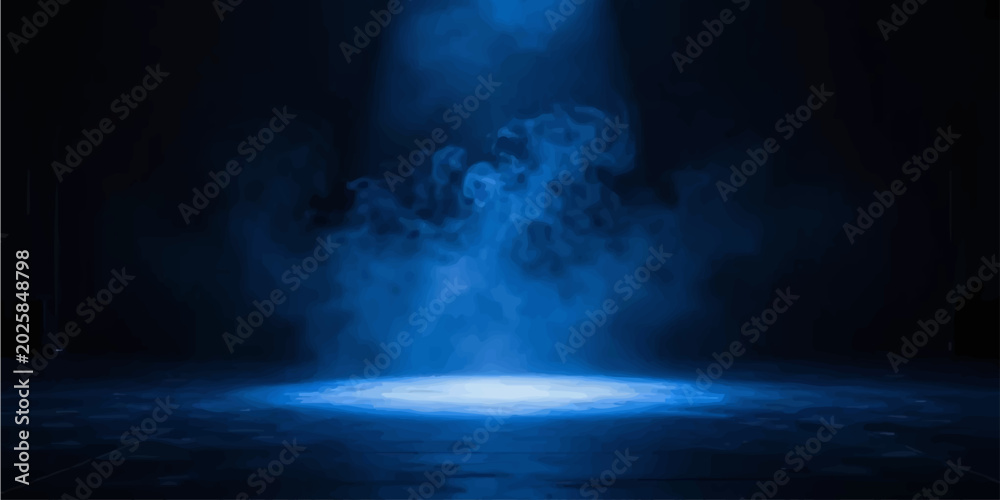 Obraz premium A dramatic empty stage background illuminated by a bright blue spotlight shining down through thick swirling smoke onto a dark floor.