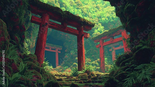 Moss covered torii gates inside a forest cave, ancient mystical atmosphere, soft dappled green lighting, wide scenic view, vibrant Japanese anime art style, 4K seamless looping animated wallpaper back