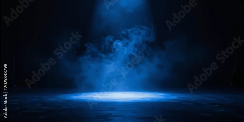 Foto A dramatic empty stage background illuminated by a bright blue spotlight shining down through thick swirling smoke onto a dark floor