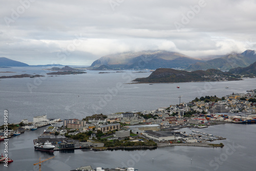 View of Ålesund from a bird's-eye view in gloomy weather