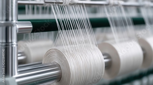 Close-up of white thread yarn being spun on industrial textile machine for fabric production in modern factory environment with detailed focus on spinning process and fibers