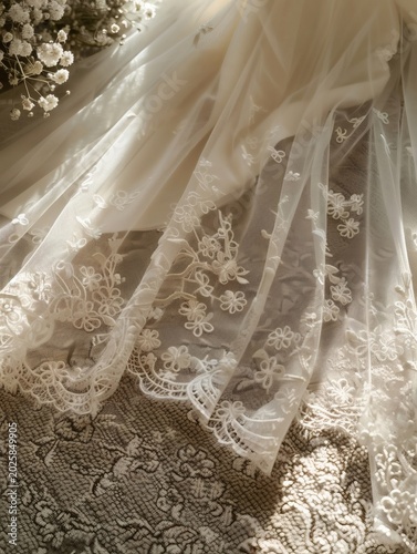 A white wedding dress is laid flat on a carpet, with the lace of the skirt shimmering under the light
