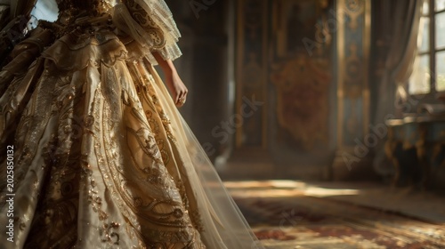 In a close-up shot, the hemline and decorative details of the gown are fully revealed under the lighting