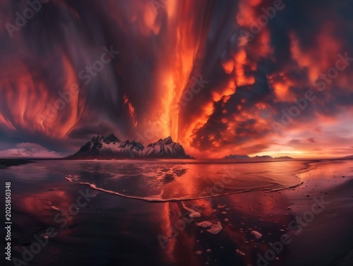 The evening sky is painted a fiery red by the sunset, with clouds resembling burning flames