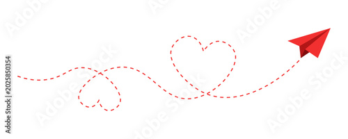 Fotografie Red paper airplane with dashed heart line flight path