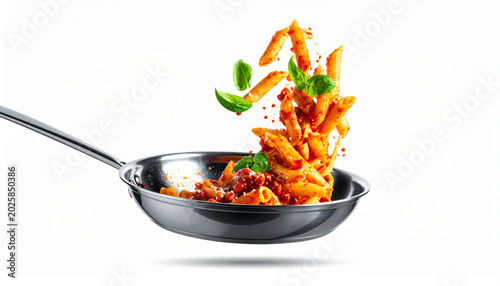 Dynamic chef toss of penne pasta with rich tomato sauce and fresh basil leaf in motion