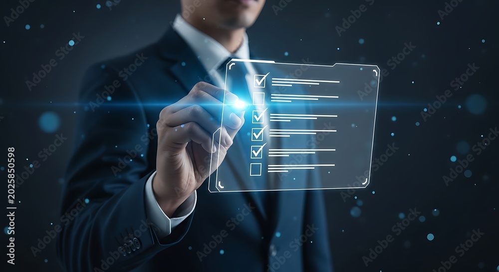 © fitria - Businessman Ticking Checklist on Futuristic Interface © fitria - Businessman Ticking Checklist on Futuristic Interface