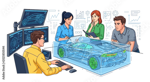 Business people discussing car design.