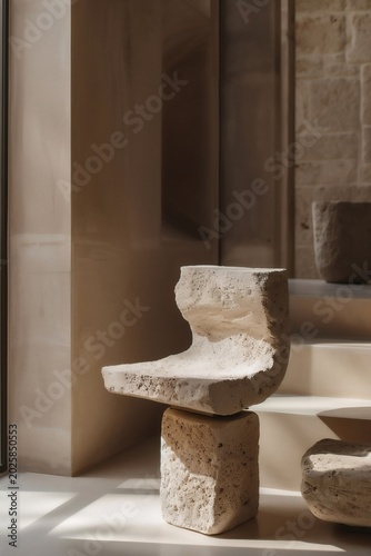 Soft lighting cascades over a minimalist stone display stand, where delicate textures and shadows interplay