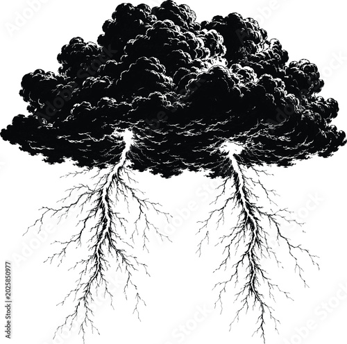 Foto storm clouds and lightning bolts silhouette on white background