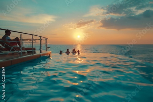 On the cruise ship deck, soft sunlight bathes the sea surface as tourists indulge in a luxurious journey