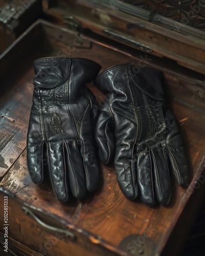 A pair of black leather gloves lies flat on a vintage wooden box, with a soft background and focused lighting