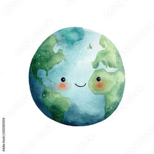 Cute cartoon earth character with a friendly face and a smiling expression on Transparent Background