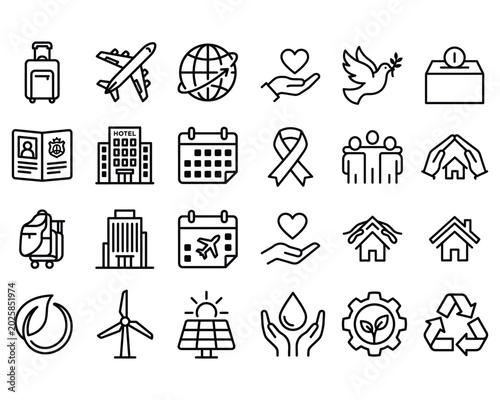 Foto Travel charity environmental icons set with donation box luggage cart office bui