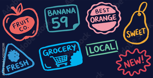 Hand drawn fruit and grocery labels on a dark background.