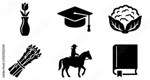 Tableau sur toile Lifestyle and Educational Silhouette Icon Set Featuring a Flower Vase, Graduatio