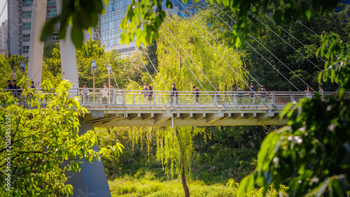 Busy commuters walking through a green urban park in Pangyo Techno Valley (Modern office workers in a lush green office district, a sustainable urban environment in spring)