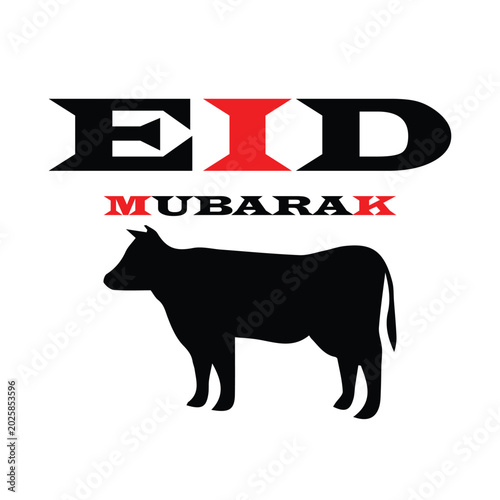 Eid Mubarak Black and Red Text with Cow Silhouette