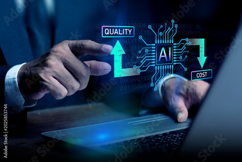 Cost and quality control, Businessman use computer laptop with quality control growth graph and cost reduction. Analysis of Artificial Intelligence Impact on Quality and Cost.