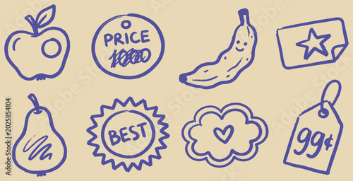 Tableau sur toile Hand drawn doodle style icons of fruit, price tags, and other shopping related items