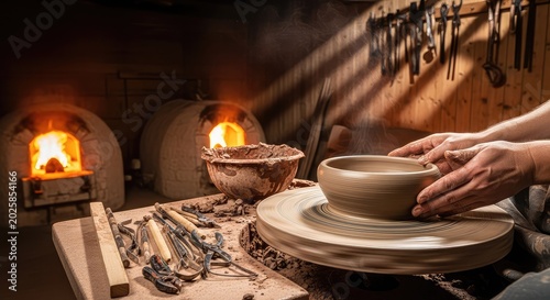 Clay spins on a rustic pottery wheel within a traditional workshop while glowing kilns cast a warm orange light over the creative workspace, shadows, wet, firelight