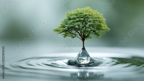 Close-up of a tiny tree growing from a water droplet on a glass surface, symbolizing growth, nature, and environmental sustainability