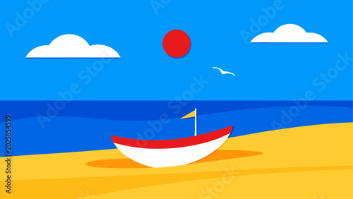 Vászonkép Beach, summer, boat, sunny day, vector illustration, red and white boat, yellow