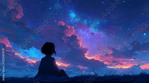 Anime girl gazing at stars on a colorful moody night, soft dreamy lighting, wide outdoor scenic view, vibrant lofi anime art style, emotional atmosphere, 4K animated looping wallpaper background