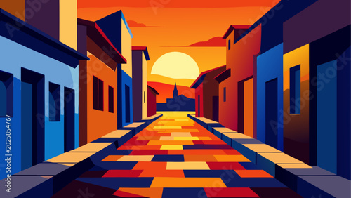 Vibrant city street, colorful buildings, sunset alleyway, urban landscape, vector illustration