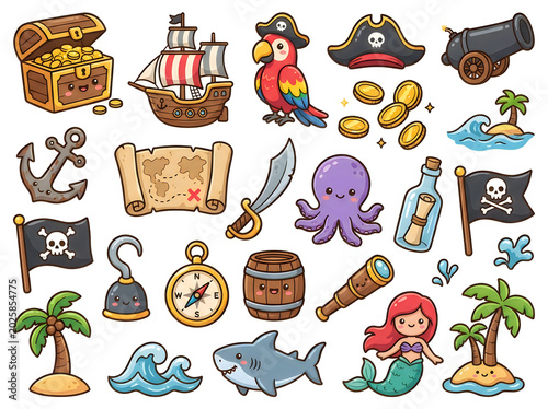Pirate cartoon stickers with treasure and sea icons