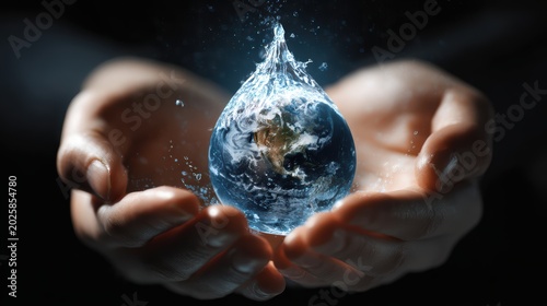Human hands gently holding a realistic water globe with Earth image, surrounded by splashes and spray, on dark background for environmental, conservation theme