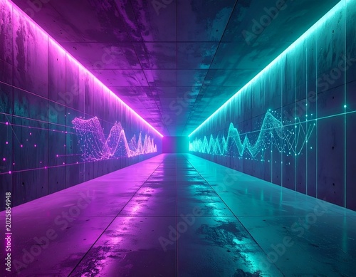 Neon data tunnel with cyan and magenta waveforms.