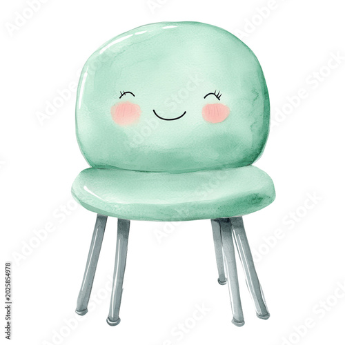 Cute green chair with a smiling face design on a transparent background on Transparent Background