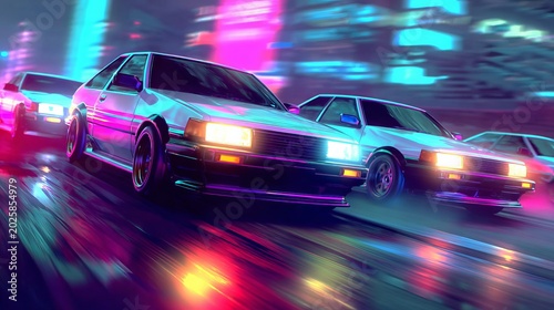 Retro futuristic drifting cars in motion, bold neon colors, 80s retro animation style, dynamic cinematic lighting, wide view, 4K seamless looping animated wallpaper background