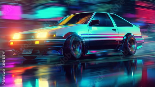 Retro futuristic drifting cars in motion, bold neon colors, 80s retro animation style, dynamic cinematic lighting, wide view, 4K seamless looping animated wallpaper background