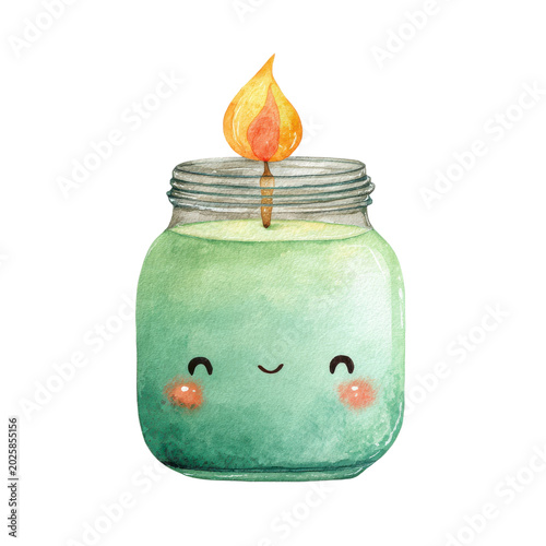 Cute green candle in glass jar with flame and happy face design on Transparent Background