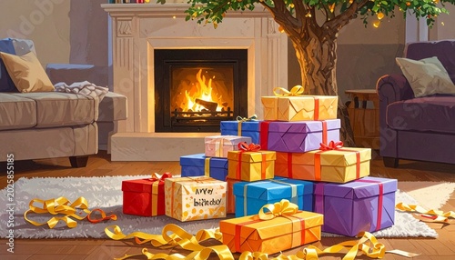 Festive Christmas Gifts by the Fireplace - A Cozy Holiday Scene.
