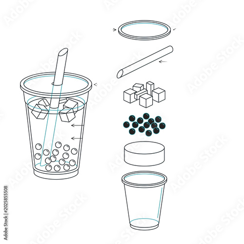 Illustrated Schema of Bubble Tea Components: Exploded View of a Refreshing Boba Drink with Tapioca