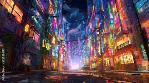 Vibrant colorful anime digital scene with dynamic lighting effects, bold saturated tones, wide view, expressive anime art style, 4K seamless looping animated wallpaper background