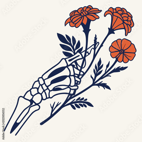 Slika na platnu Skeleton hand holding bright marigold flowers icon.