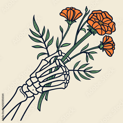 Bild auf Leinwand Skeleton hand holding marigold bouquet vector art.