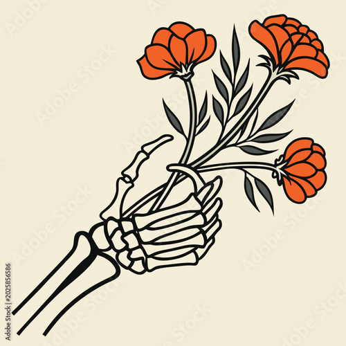 Foto Skeleton hand holding orange marigold flowers art.