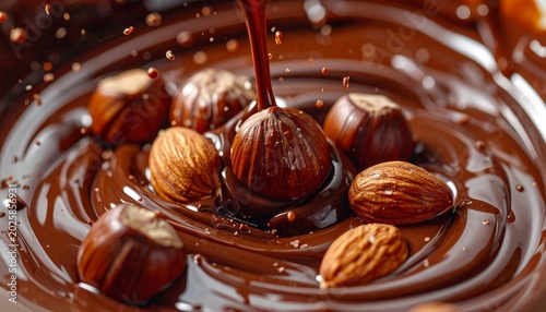 Dynamic shot of whole hazelnut and almond flipping out of bowl with thick chocolate sauce