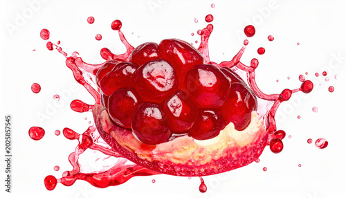 Dynamic splash of fresh red pomegranate seed with juice droplet in motion