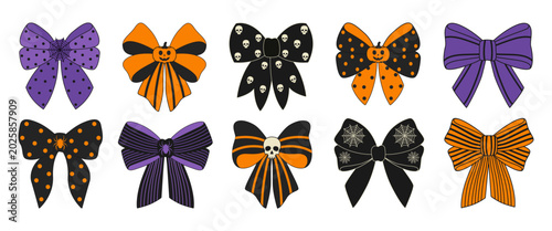 Collection of  decorative ribbon bows with spooky halloween patterns including skulls pumpkins spiders and webs