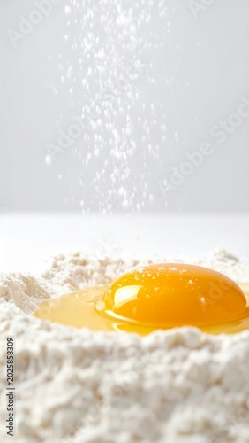 Fresh raw egg yolk falling on white wheat flour mound for baking preparation