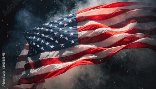 Waving American flag with smoke and sparks during dramatic lighting for patriotic concepts