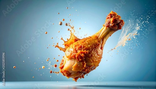 Intense macro shot of country chicken drumstick snapping in mid air with flying spice