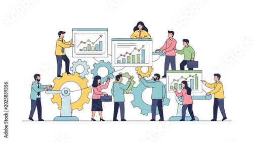 Teamwork and business process optimization concept with professional people managing mechanical gears and data charts isolated on transparent background SVG vector for project workflow designs