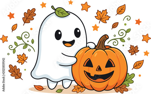 Fotografie Cute Cartoon Ghost Holding a Jack O Lantern Pumpkin Surrounded by Autumn Leaves